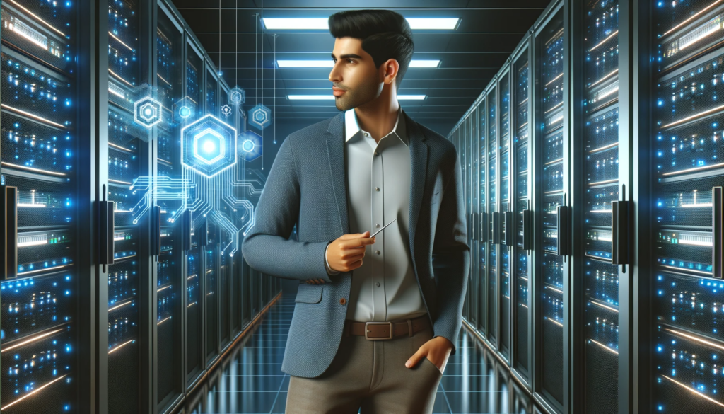 An IT Level 3 professional man in a suit walking among servers in a server room.