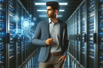 an IT professional man in a suit walking among servers in a server room,
