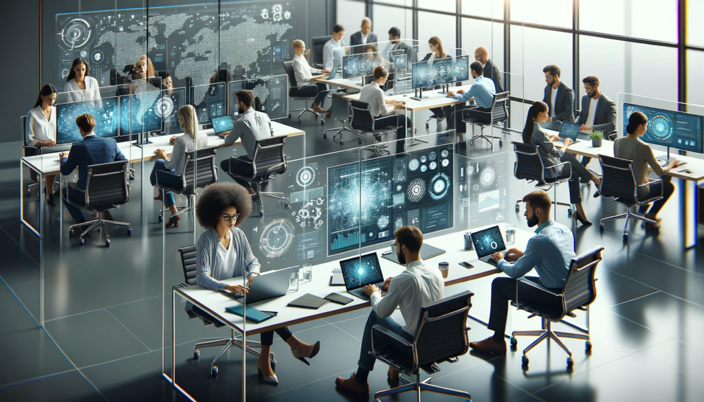 A futuristic looking office with glass screens, and holographic projections.