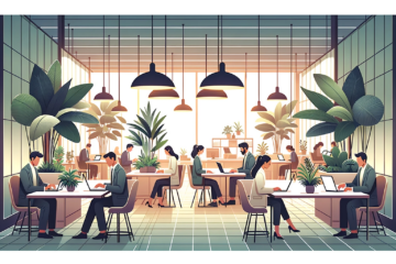 A drawing of people working on their laptops in a co-working space.
