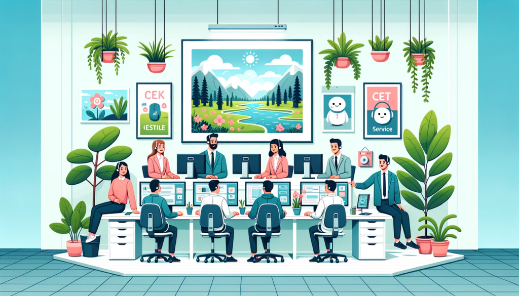 A drawing of a bright office with plants, pictures on the wall and people working in a positive atmosphere.