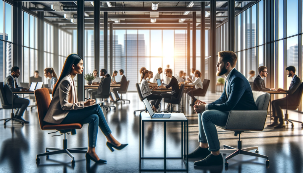 An open, spacious office where people are working and discussing in the background. In the foreground, a job interview is being conducted.