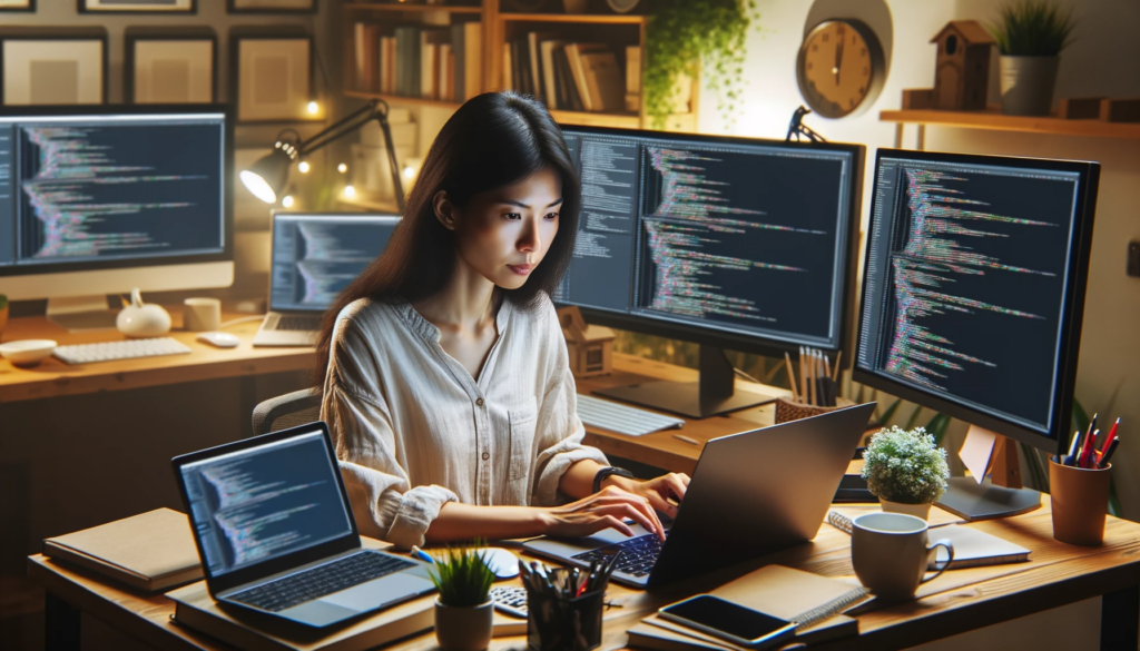 A woman working on her laptop remotely, surrounded by screens, focused on her work.