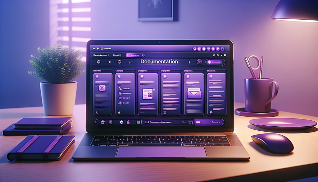 an laptop screen showing "documentation" bathed in purple light