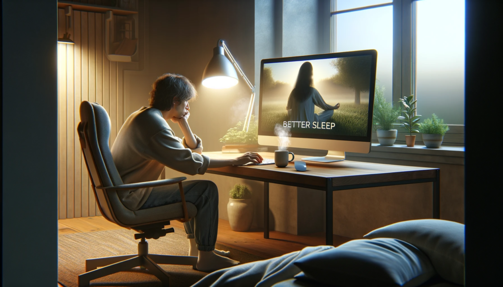 an IT tech looking into how to sleep better on his computer with a steaming cup of tea on his desk.