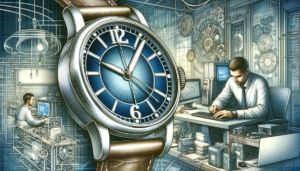 an animation of a hand watch with two people working on their laptops in the background, representing the time it takes to hire an IT level 3 help desk technician