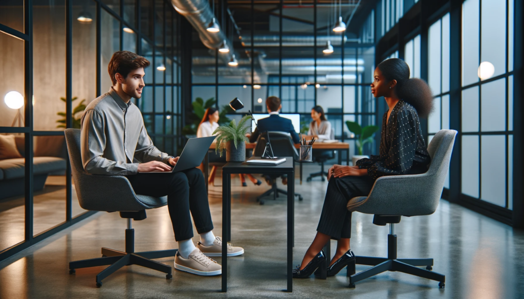 An illustration of two people conducting an interview in a casual setting for the role of the Level 3 IT Help Desk Technician for MSPs.