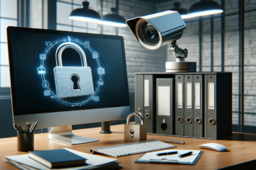 An illustration ofa camera watching over a computer screen, cybersecurity for managed services