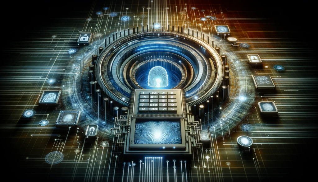 An illustration of a something that looks like a computer board or a chip, with a password monitor.