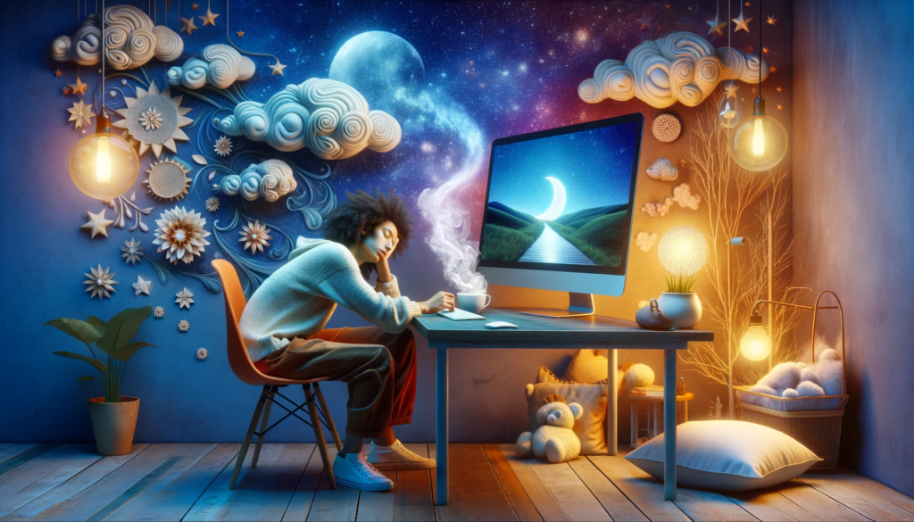 A young man sleeping on his desk in front of his computer screen. The screen is showing a path in the field leading to a crescent moon.