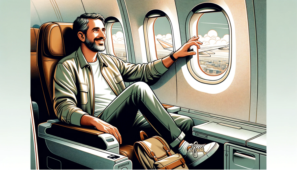 a man on an airplane, happy to move to a different country on a digital nomad visa and stay long-term.