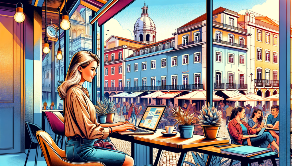 a woman looking at places to relocate to on her laptop, sitting in a quiet cafe overlooking the street