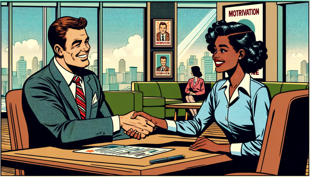 a retro comic book style of drawing of two people smiling and shaking hands, having just successfully finished an interview for a job.