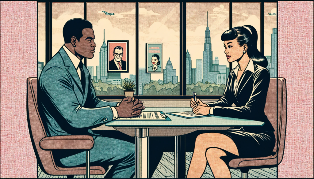 an retro comic book style image of a man and a woman conducting an interview, reflecting the psychological testing in hiring IT staff for MSPs