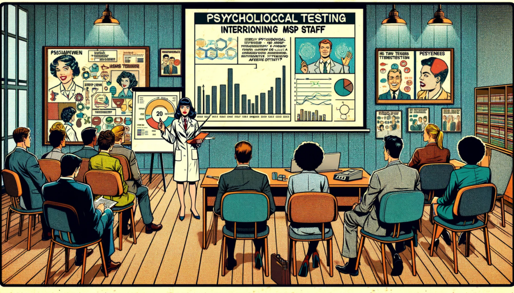 a retro comic book style image of a team of scientists presenting their data on effectiveness of psychological testing in hiring IT staff for MSPs