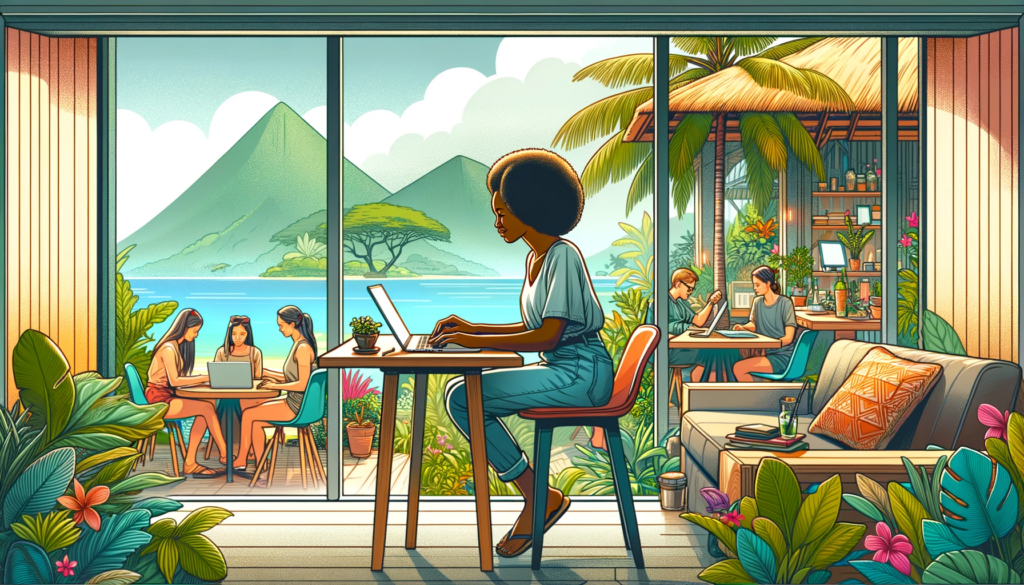 a woman at a cafe looking at places with easy digital nomad visas for south african citisenz.